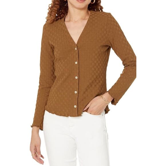 Madewell NWT V-Neck Brown Checkerboard Jacquard Cardigan Size small - Picture 2 of 16